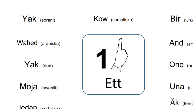 Bild på siffran ett och vad det heter på olika språk