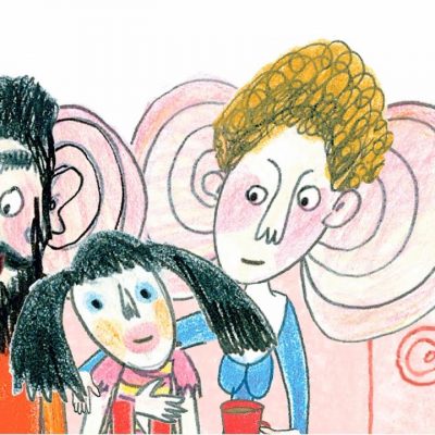 Tecknad bild med vuxna med stora öron som lyssnar på barn.