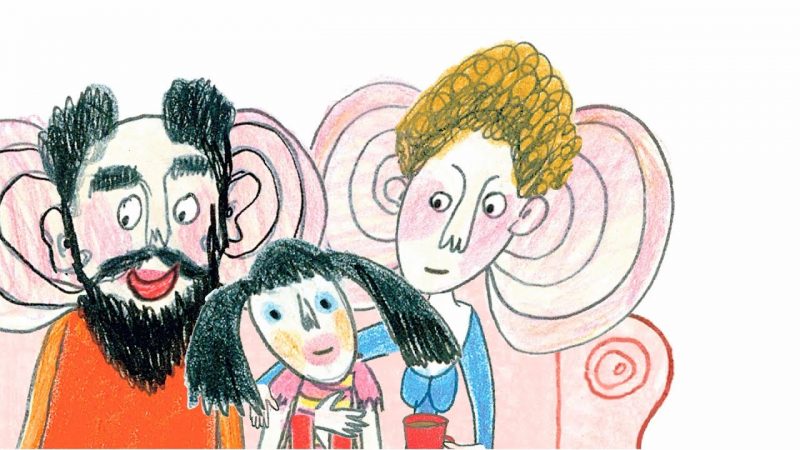 Tecknad bild med vuxna med stora öron som lyssnar på barn.