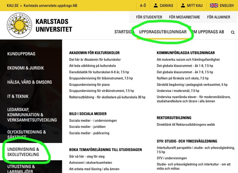Screenshot på uppdragsutbildningens webbplats.