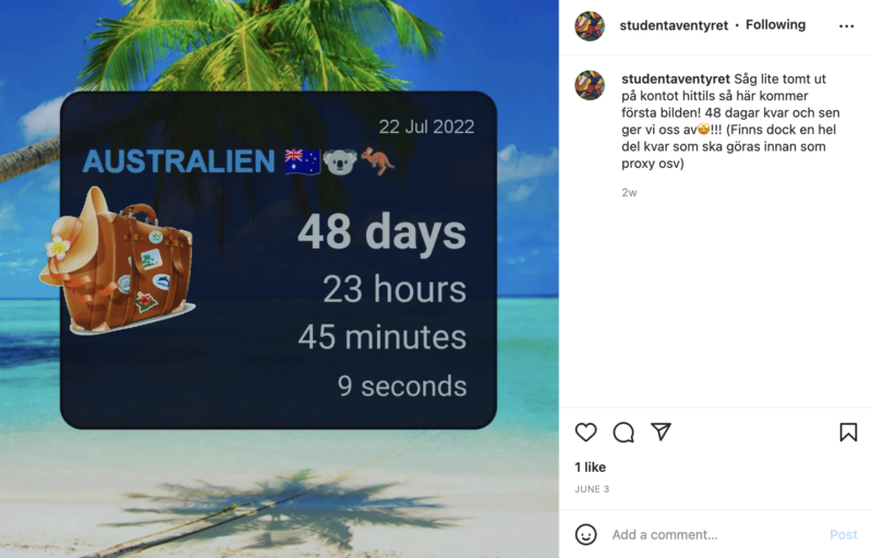 Instagraminlägg om att det är 48 dagar kvar till resan till Australien.